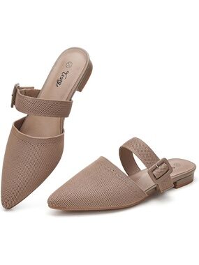 🆕 Women's Taupe Knit Pointed Toe Mules Buckle Strap Slip On Low Flat Shoes